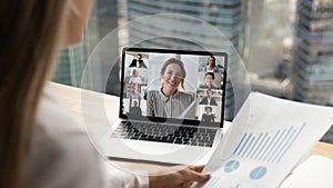 Businesspeople have online webcam zoom meeting on computer