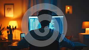 Back View of IT Worker Sitting at Desk and Programming on Computer, Focused and Engaged in Coding Tasks in a Modern