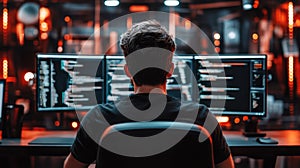 Back View of IT Worker Sitting at Desk and Working on Computer - Programmer or Coder Engaged in Programming Tasks