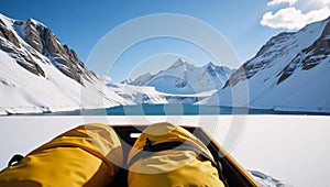 Back view of a yellow vehicle carrying two large yellow backpacks with snowy mountains and frozen lake behind photo