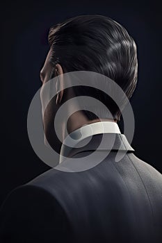 Back view of young businessman standing on dark background