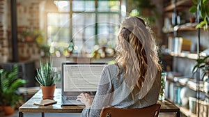 Back view of a young businesswoman using a laptop sitting at a table in the office. AI Generated