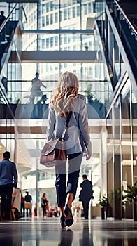 Back view of a young businesswoman walking in the modern office building. Generative AI