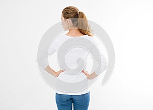 Back view of young caucasian, europian woman, girl in blank white t-shirt. t shirt design and people concept. Shirts front view photo