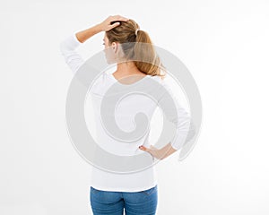 Back view of young caucasian, europian woman, girl in blank white t-shirt. t shirt design and people concept. Shirts front views