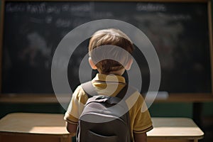 Back view of young child in fornt of school classroom chalkboard