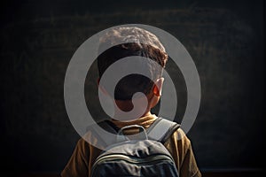 Back view of young child in fornt of school classroom chalkboard