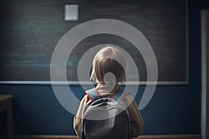 Back view of young child in fornt of school classroom chalkboard