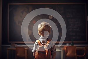 Back view of young child in fornt of school classroom chalkboard