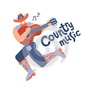 Back view of young country style singer with guitar. Modern man character in cowboy hat. Concept or print for festival banner.
