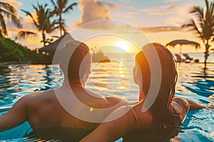 Back view of young couple enjoying the sunset in a resort pool - AI Generated
