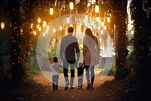 Back view of a young family walking in the park with lanterns, Parents hold the baby's hands. Happy family in the