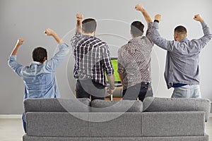 Back view of young football fans watching an exciting match on television at home