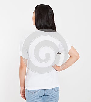 Back view young korean,asian brunette woman in blank white t-shirt, t shirt design and people concept, mock up, copy space.