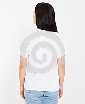 Back view young korean,asian brunette woman in blank white t-shirt, t shirt design and people concept, mock up, copy space