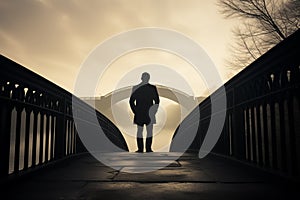 Back view of young man pensively standing along footbridge. Generative AI