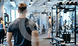 Back view of young man in sportswear working out in gym