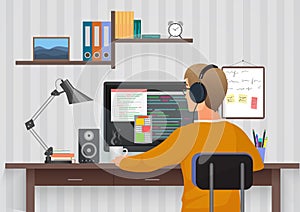Back view of young man wearing headphones sitting at thew desk vector illustration. Teenager using PC in the own room.