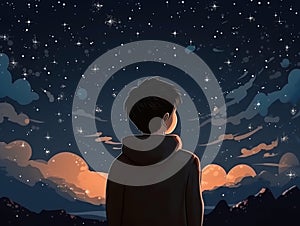 Back view of young man in winter clothing looking at night sky with stars. Made with Generative AI