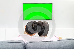 Back view of young two friends or gay couple relaxing on a couch watching movie on a TV in the living room at home, LGBTQ