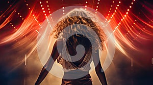 Back view of young woman dancing in nightclub with lights