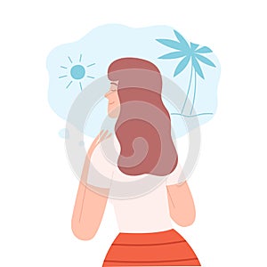 Back View of Young Woman Dreaming about Vacation on Tropical Island, People Imagination Concept Cartoon Style Vector