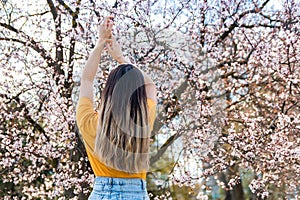Back view of young woman enjoying beginning of spring against bloomy fruit tree with pink flowers in park photo