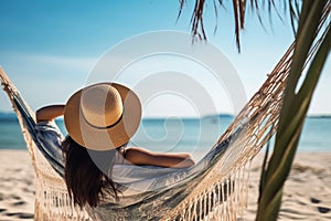 Back view of a young woman in a hammock on a tropical sandy beach during the sunset