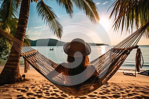 Back view of a young woman in a hammock on a tropical sandy beach during the sunset