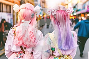 Back view of young woman in Japanese Harajuku street fashion style with pastel colored hair and cute clothes