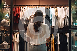 back view of young woman looking at clothes in clothing store on blurred background, A girl in loose fitting clothes is choosing photo