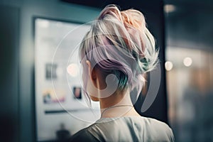 Back view of young woman with multicolored pastel colored hair in short trendy hairstyle