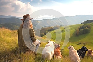 Back view of Young Woman with pets looking at mountain pasture. Ecological rural tourism. Generative Ai content