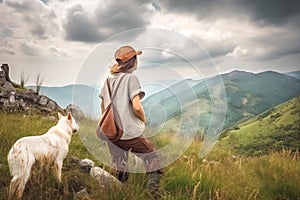 Back view of Young Woman with pets looking at mountain pasture. Ecological rural tourism. Generative Ai content