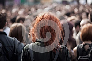 Back view of young woman with punkish red hair in crowd.