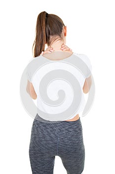 Back view young woman self-acupressure for relaxing shoulder and backache
