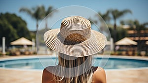 Back view of young woman in straw hat standing near swimming pool at resort