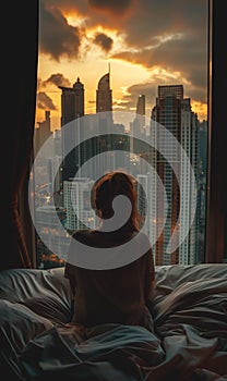 back view of young woman wake up at luxury hotel room or apartment, person by panoramic window, city and skyscrapers