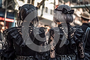 Back view of young women in Gothic Lolita fashion style.