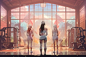 Back view of young women in sportswear standing in gym, Women doing battle workouts with rope in a gym, top section cropped, no
