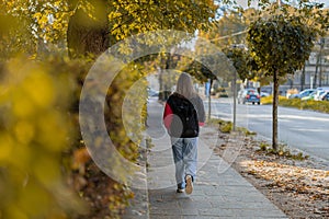 Back view of a younger female walking on a path in the city, surrounded by trees and other foliage. Stroll in the park, commute to