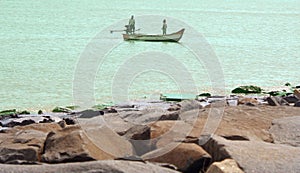 Back water river with fisherman boat.