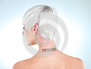 Back, woman and barcode on her neck, data and registration on a blue studio background. Model, mockup space and