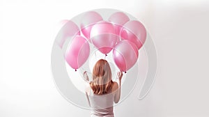 back of woman with bunch of pink helium balloons on white background