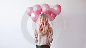 back of woman with bunch of pink helium balloons on white background
