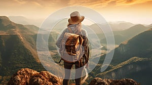 Back of woman with hat and backpack looking out onto mountain ranges