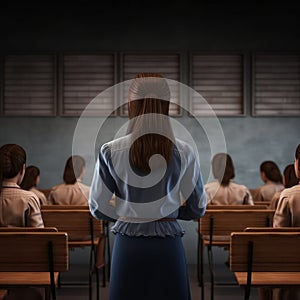 Back of woman looking at group of girls in classroom