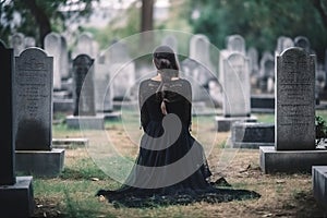 Back of woman wear all in black kneeling on cemetery. Sad person. Generative AI