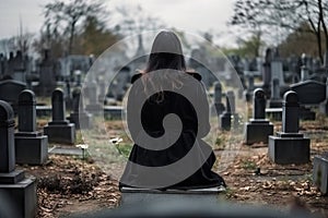 Back of woman wear all in black sit on cemetery. Sad person. Generative AI