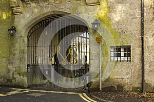 The back yard annex arched gateway to the courtyard at the Bangor Town Hall in Northern Ireland now open as a coffee shop